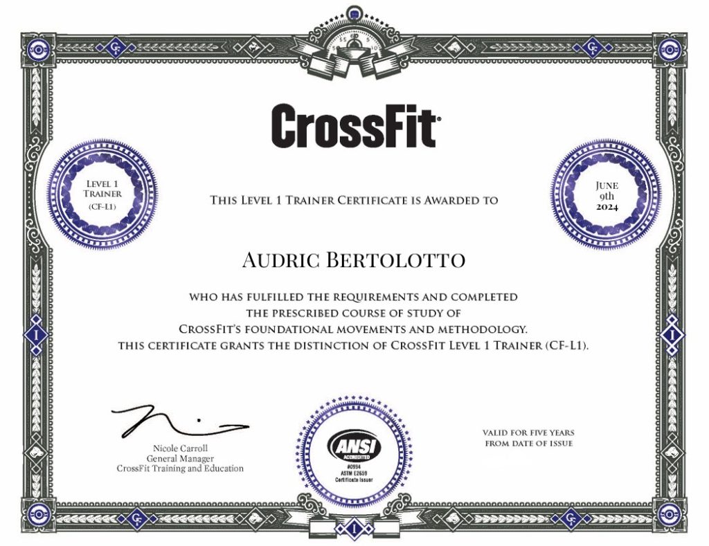 Diplôme CrossFit Level 1 d’Audric Bertolotto